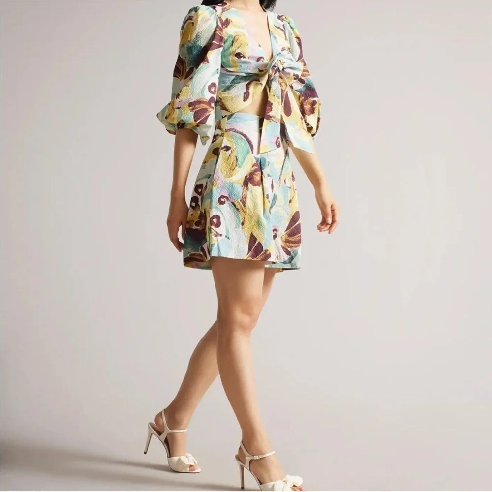 Ted Baker Bithana Set Tie Front Balloon Sleeve Blouse + Shorts Size 2 US 6 - Picture 3 of 10